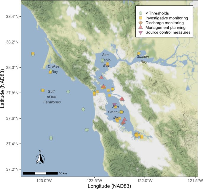 SF Bay microplastics risk map showing sample locations and risk levels