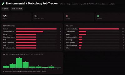 Job tracker dashboard showing top companies, role distribution, and salary data